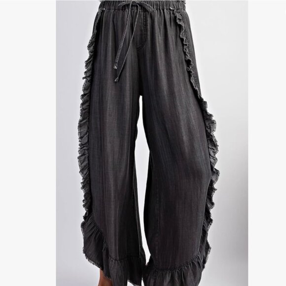 Wide Leg Ruffled Frayed Hem Elastic Tie Waist Pants - Picture 2 of 3